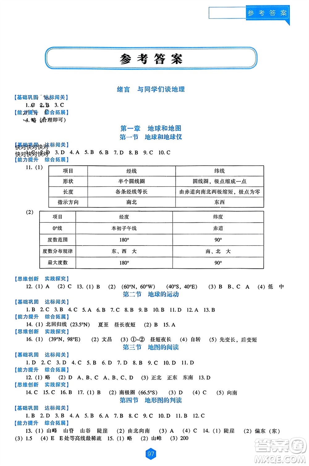 遼海出版社2023年秋新課程能力培養(yǎng)七年級地理上冊人教版參考答案