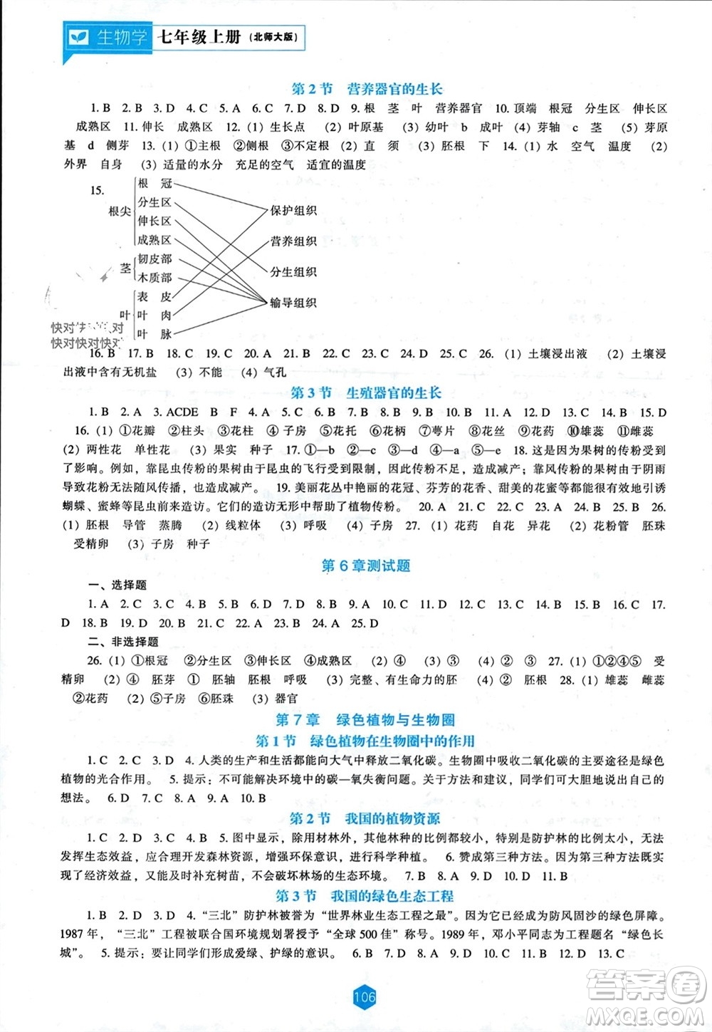 遼海出版社2023年秋新課程能力培養(yǎng)七年級生物上冊北師大版參考答案