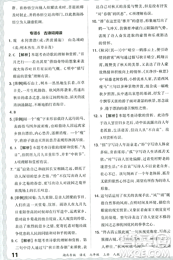 江西人民出版社2023年秋王朝霞各地期末試卷精選七年級語文上冊人教版湖北專版答案