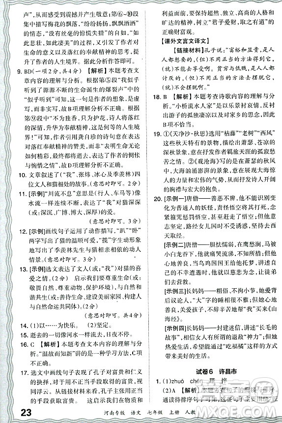 江西人民出版社2023年秋王朝霞各地期末試卷精選七年級語文上冊人教版河南專版答案