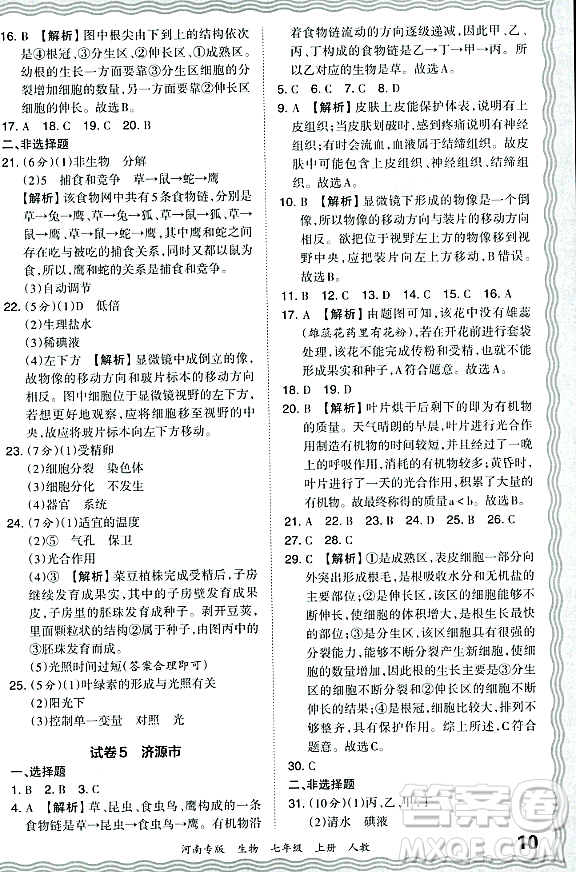 江西人民出版社2023年秋王朝霞各地期末試卷精選七年級生物上冊人教版河南專版答案