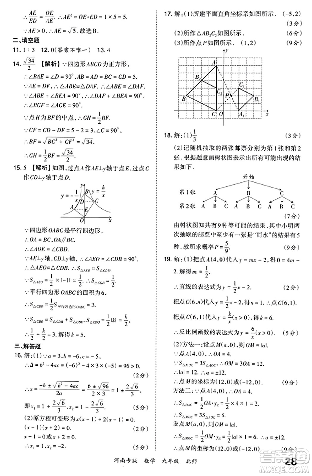 江西人民出版社2023年秋王朝霞各地期末試卷精選九年級數(shù)學(xué)全一冊北師大版河南專版答案