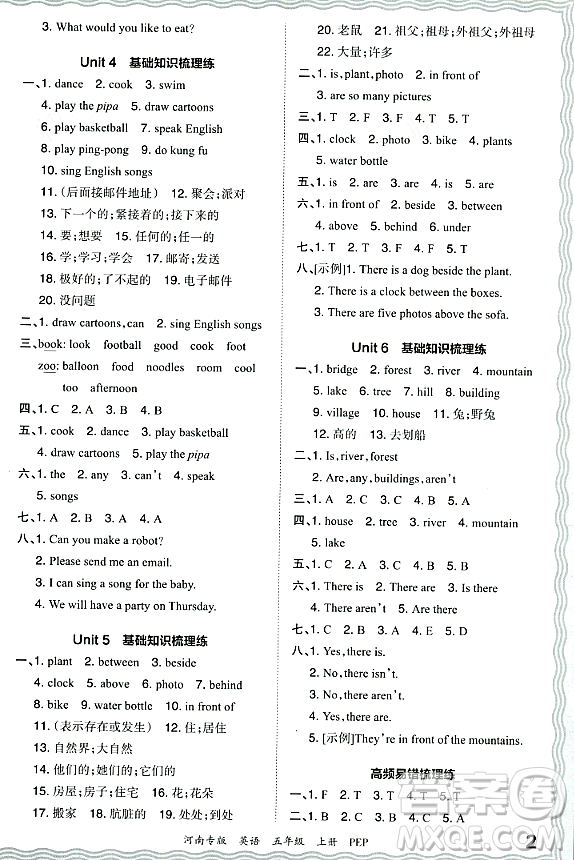 江西人民出版社2023年秋王朝霞各地期末試卷精選五年級英語上冊人教PEP版河南專版答案