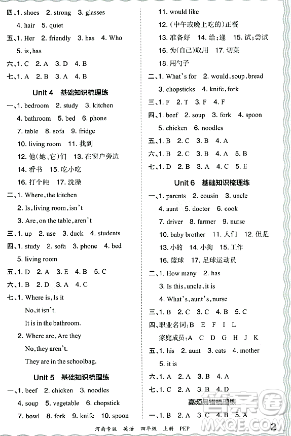 江西人民出版社2023年秋王朝霞各地期末試卷精選四年級(jí)英語(yǔ)上冊(cè)人教PEP版河南專版答案