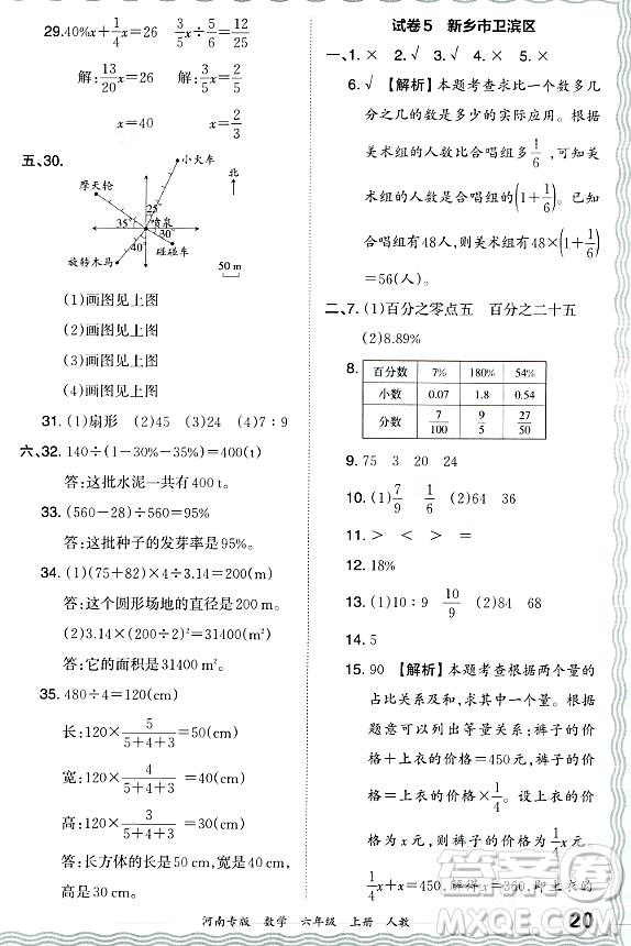 江西人民出版社2023年秋王朝霞各地期末試卷精選六年級數(shù)學(xué)上冊人教版河南專版答案