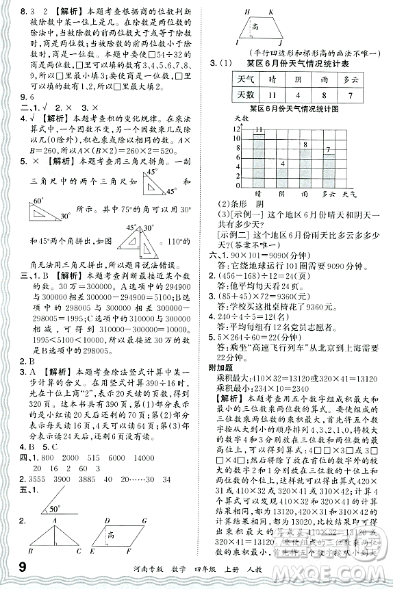 江西人民出版社2023年秋王朝霞各地期末試卷精選四年級數(shù)學(xué)上冊人教版河南專版答案