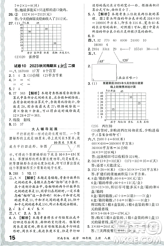 江西人民出版社2023年秋王朝霞各地期末試卷精選四年級數(shù)學(xué)上冊人教版河南專版答案