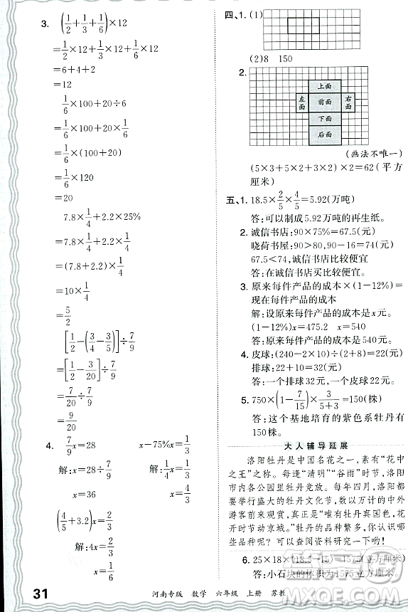 江西人民出版社2023年秋王朝霞各地期末試卷精選六年級數(shù)學(xué)上冊蘇教版河南專版答案