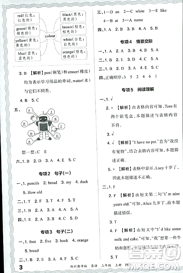 江西人民出版社2023年秋王朝霞期末真題精編三年級英語上冊人教PEP版鄭州專版答案