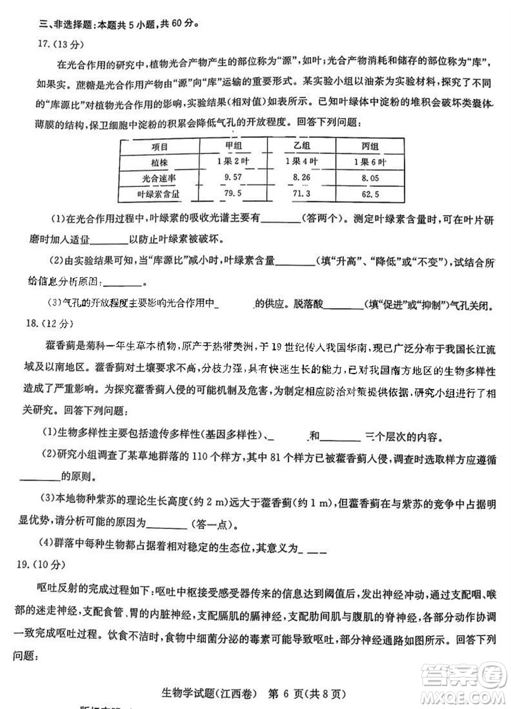 華大新高考聯(lián)盟2024屆高三11月教學(xué)質(zhì)量測評江西卷生物參考答案