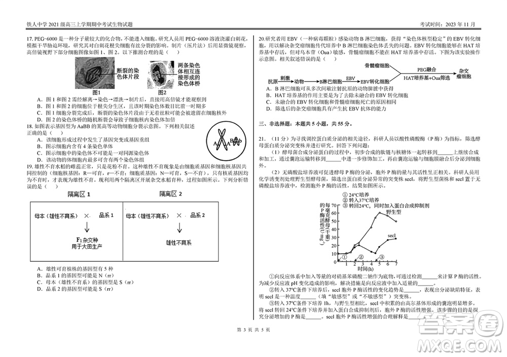 鐵人中學(xué)2021級高三上學(xué)期11月期中考試生物參考答案