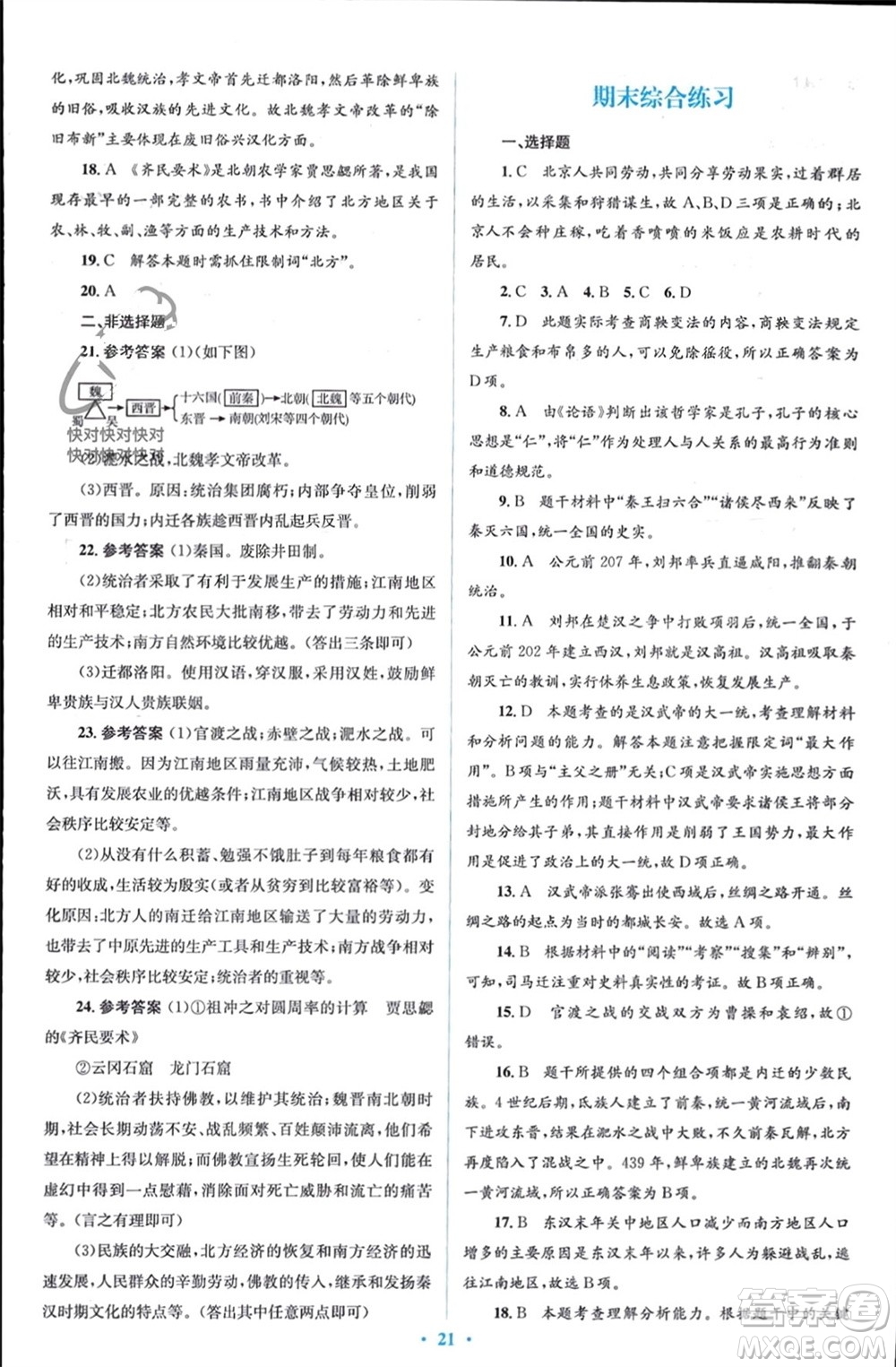 人民教育出版社2023年秋人教金學典同步解析與測評學考練七年級中國歷史上冊人教版參考答案