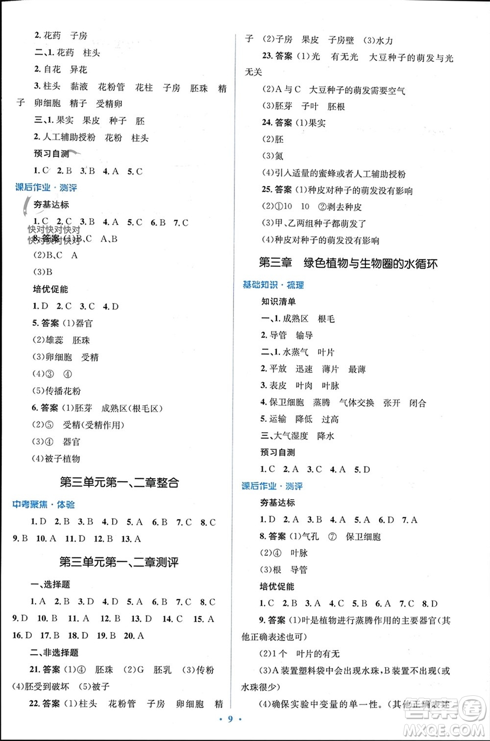 人民教育出版社2023年秋人教金學(xué)典同步解析與測評學(xué)考練七年級生物上冊人教版參考答案