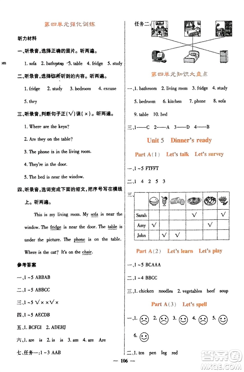 四川大學(xué)出版社2023年秋課堂點睛四年級英語上冊人教版參考答案