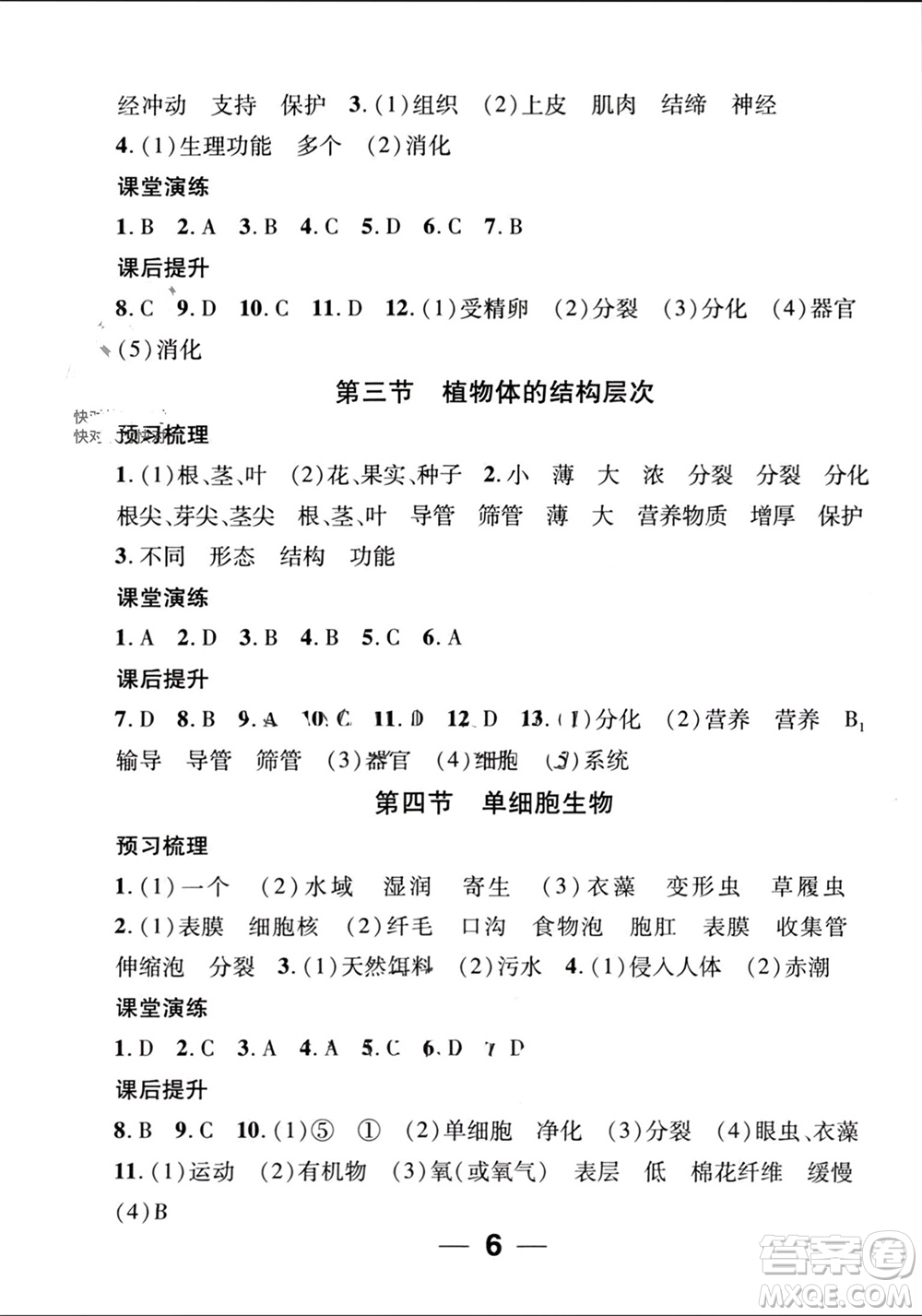 江西教育出版社2023年秋精英新課堂三點(diǎn)分層作業(yè)七年級生物上冊人教版參考答案