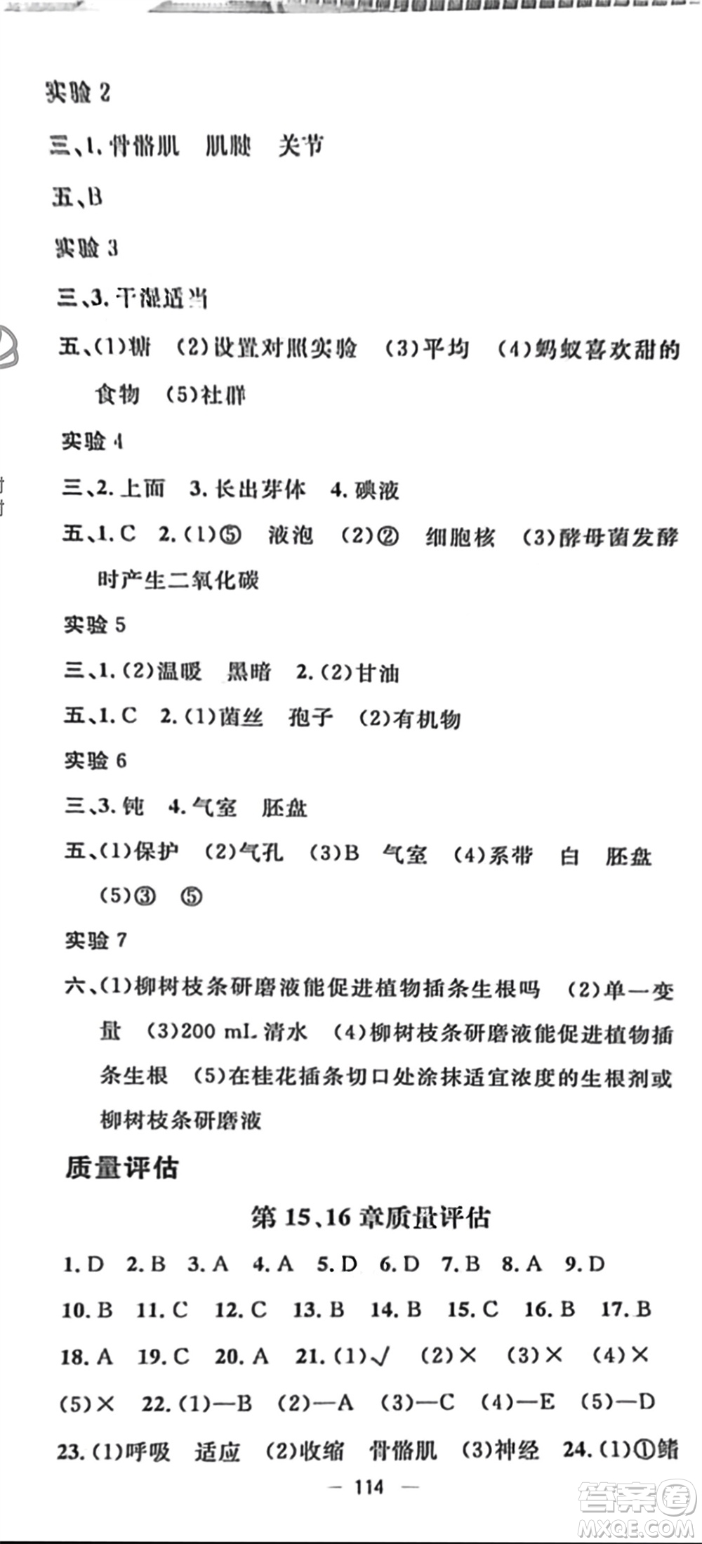 陽(yáng)光出版社2023年秋精英新課堂三點(diǎn)分層作業(yè)八年級(jí)生物上冊(cè)北師大版參考答案