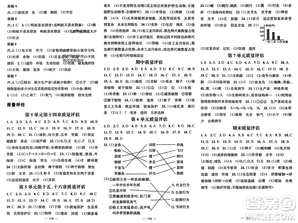 陽(yáng)光出版社2023年秋精英新課堂三點(diǎn)分層作業(yè)八年級(jí)生物上冊(cè)蘇教版參考答案