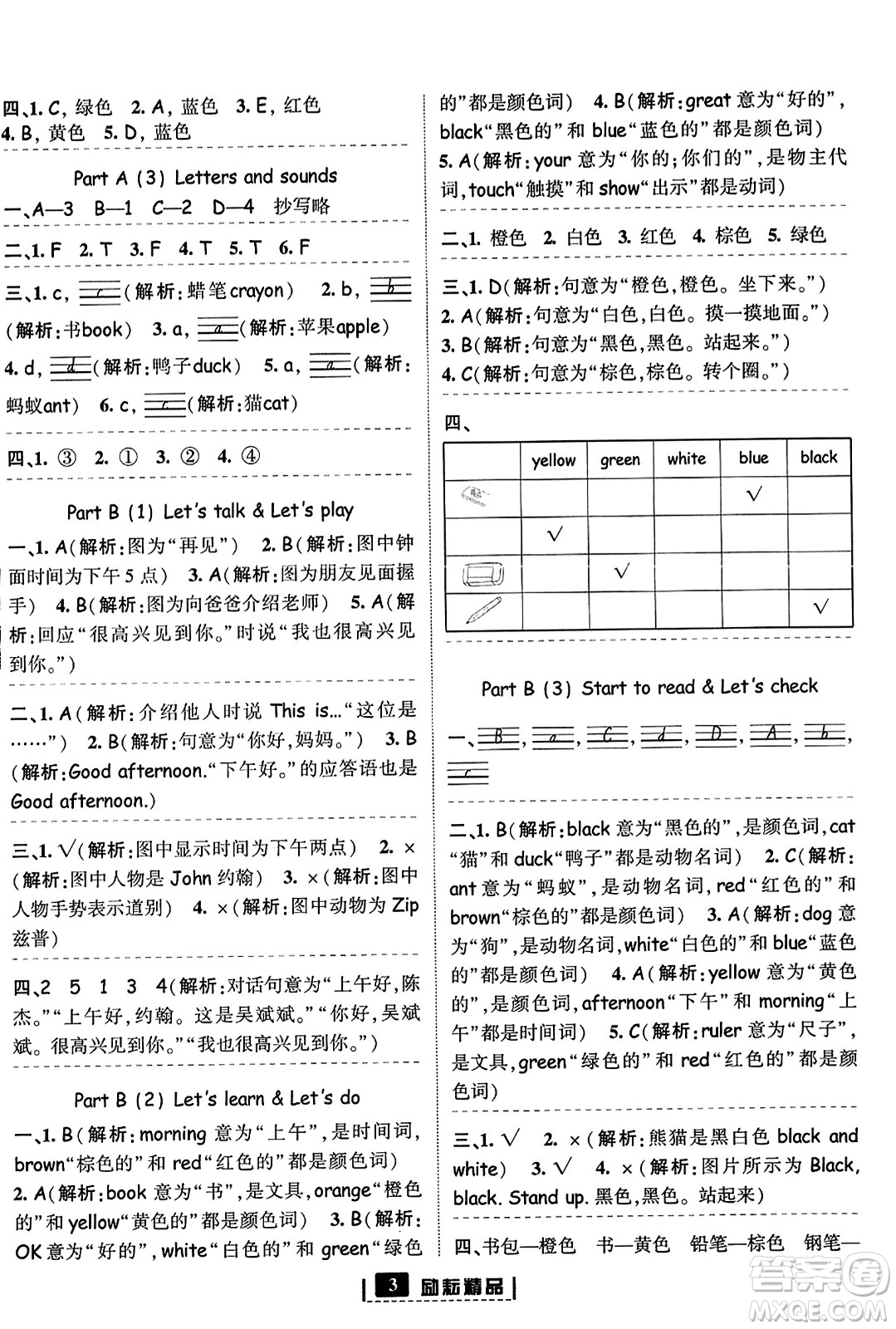 延邊人民出版社2023年秋勵耘書業(yè)勵耘新同步三年級英語上冊人教版答案