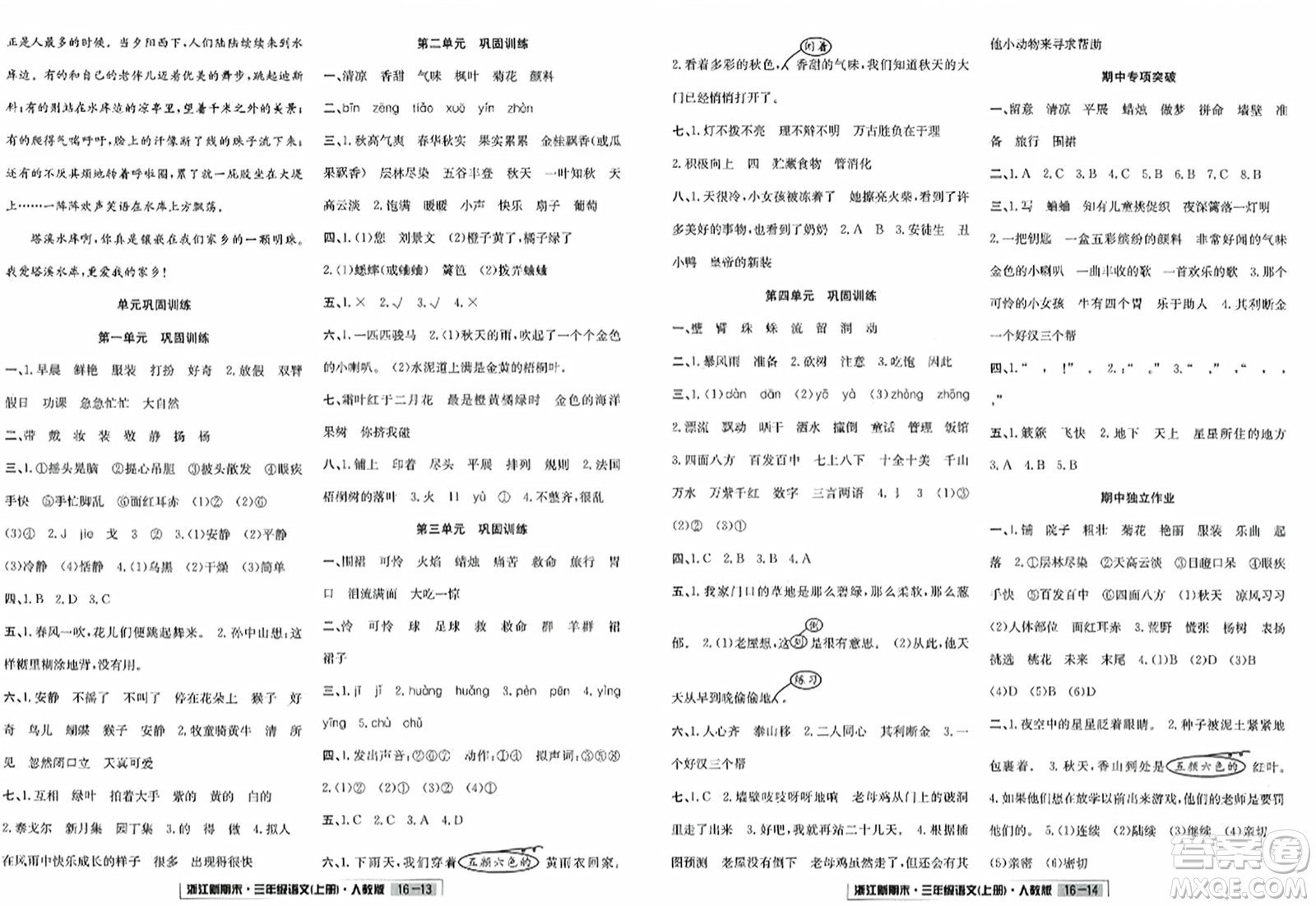 延邊人民出版社2023年秋浙江新期末三年級語文上冊人教版浙江專版答案