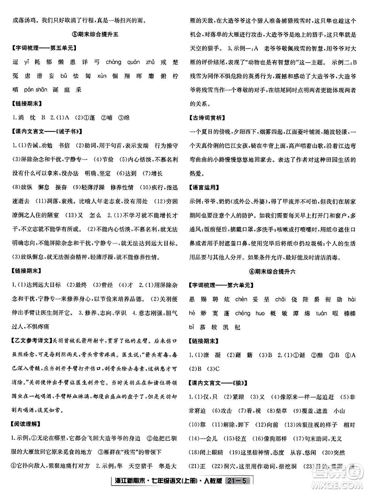 延邊人民出版社2023年秋浙江新期末七年級語文上冊人教版浙江專版答案