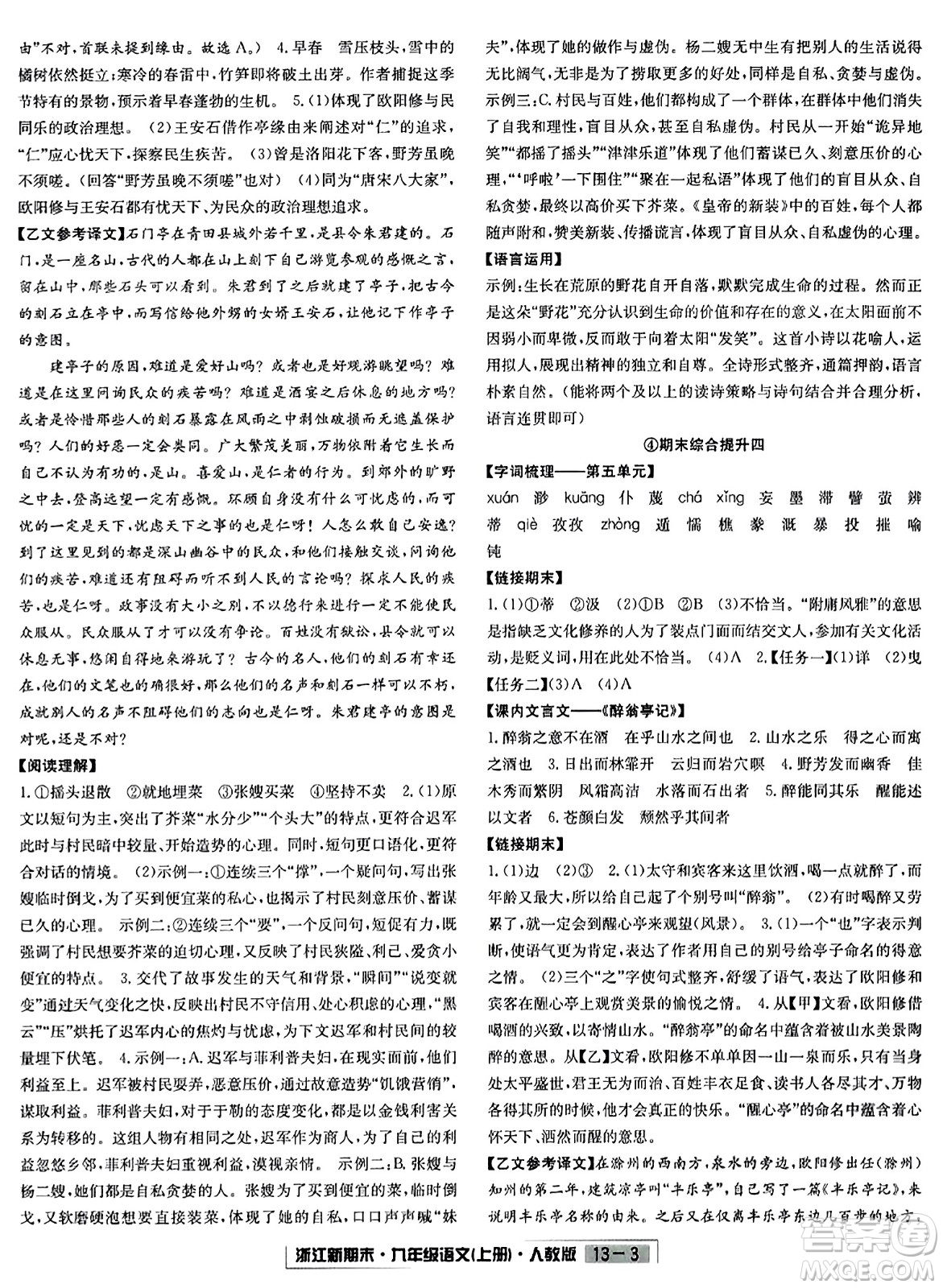 延邊人民出版社2023年秋浙江新期末九年級(jí)語(yǔ)文上冊(cè)人教版浙江專版答案