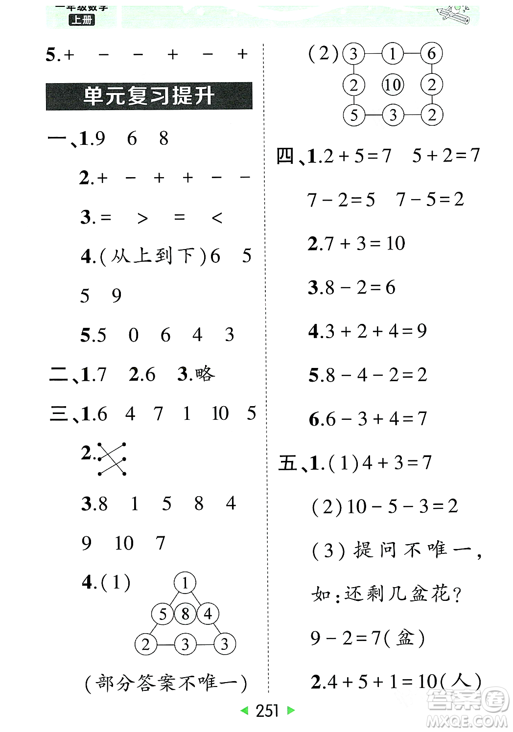 武漢出版社2023年秋狀元成才路狀元大課堂一年級數(shù)學(xué)上冊人教版答案