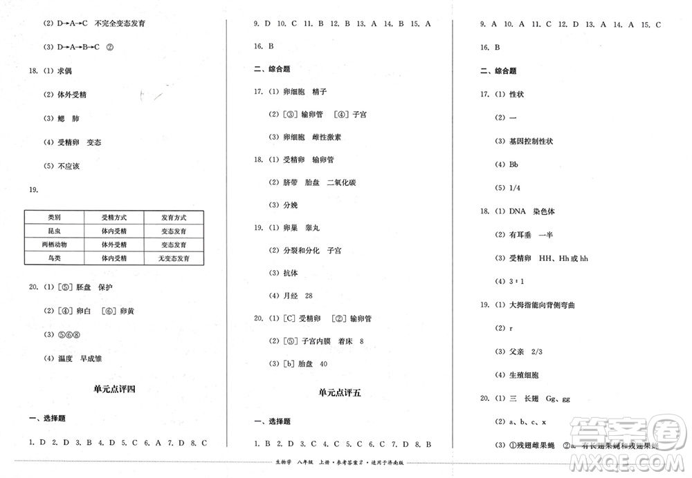 四川教育出版社2023年秋學(xué)情點(diǎn)評八年級生物上冊濟(jì)南版參考答案