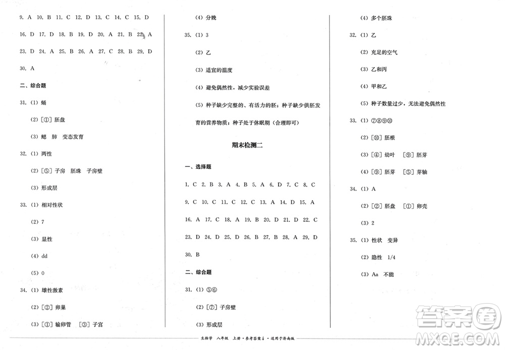 四川教育出版社2023年秋學(xué)情點(diǎn)評八年級生物上冊濟(jì)南版參考答案