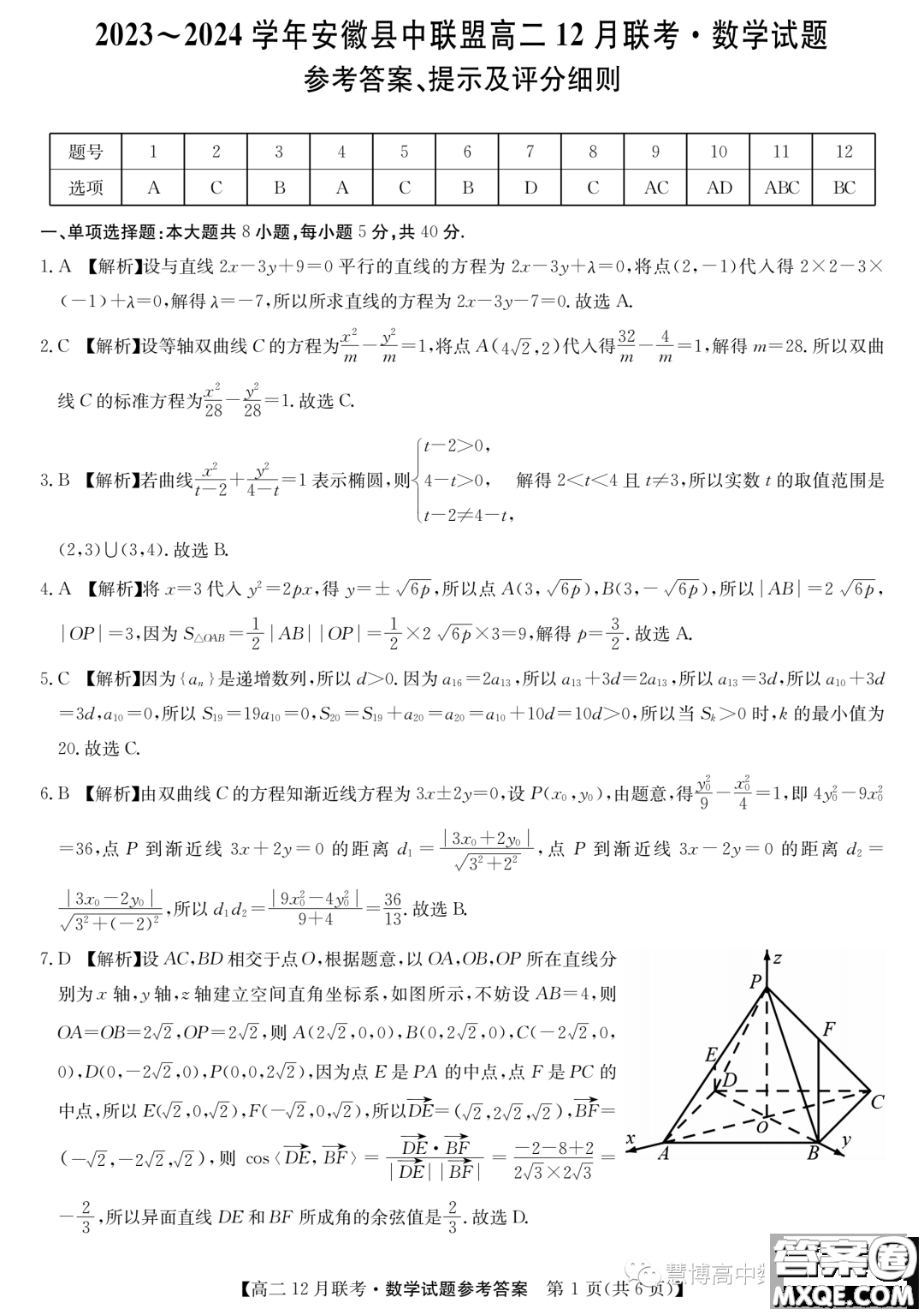 安徽縣中聯(lián)盟2023~2024學(xué)年高二12月聯(lián)考數(shù)學(xué)試題答案