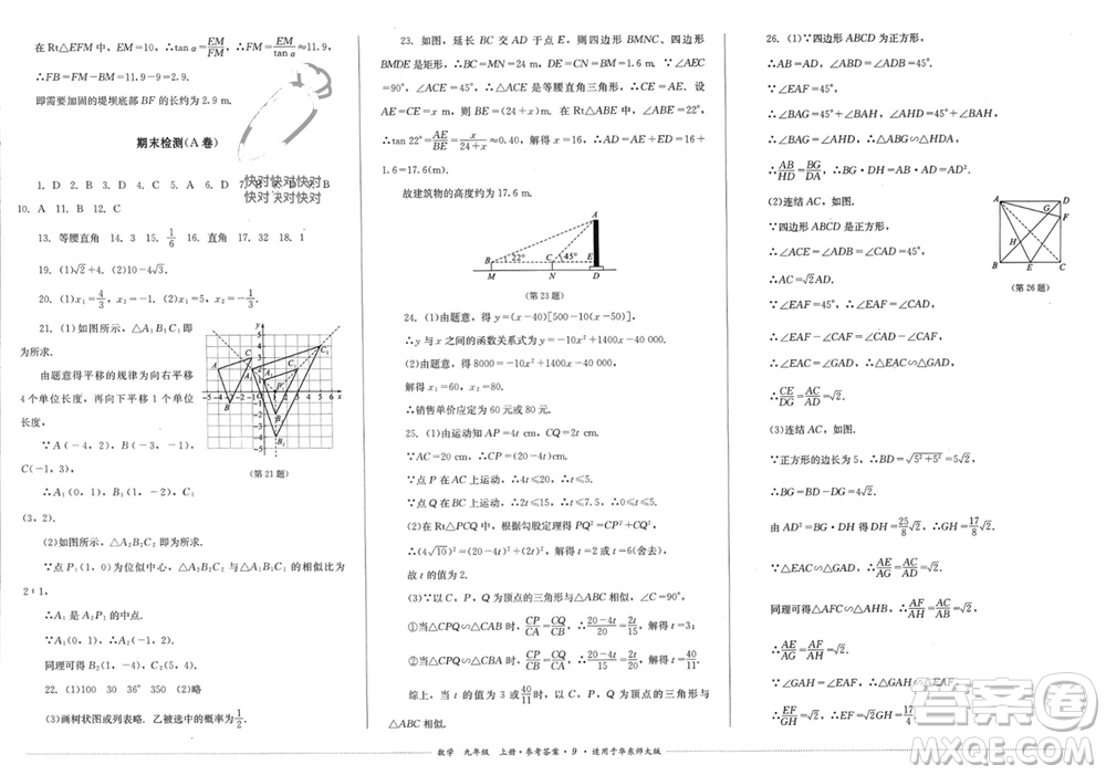 四川教育出版社2023年秋學情點評九年級數(shù)學上冊華東師大版參考答案