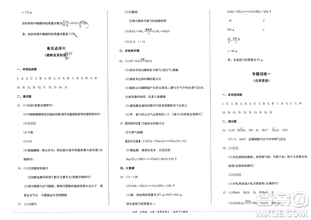 四川教育出版社2023年秋學情點評九年級化學上冊人教版參考答案