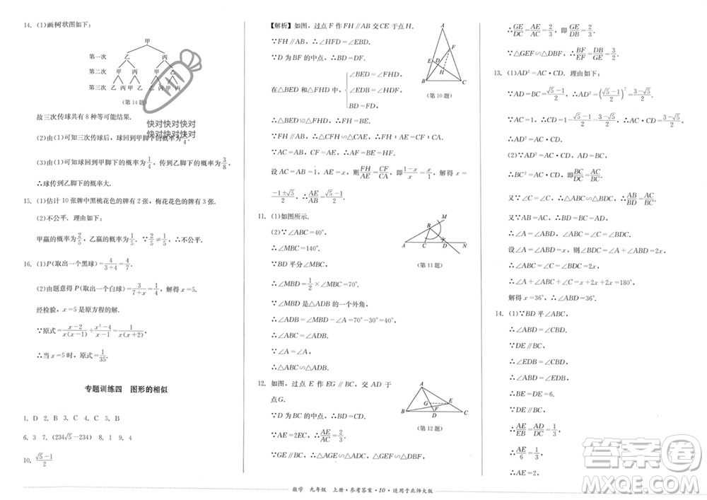 四川教育出版社2023年秋學(xué)情點評九年級數(shù)學(xué)上冊北師大版參考答案