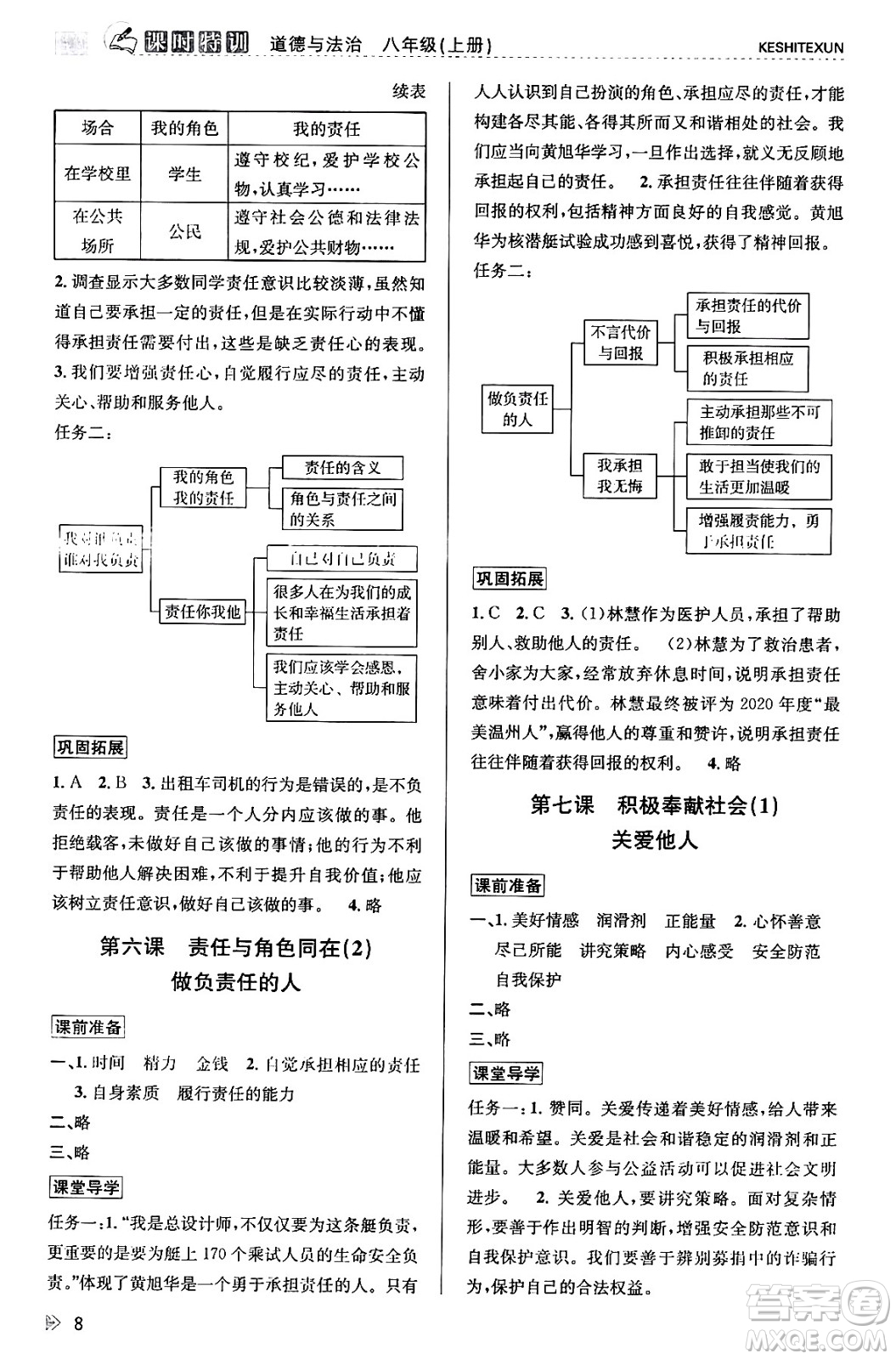 浙江人民出版社2023年秋課時(shí)特訓(xùn)八年級(jí)道德與法治上冊(cè)通用版答案