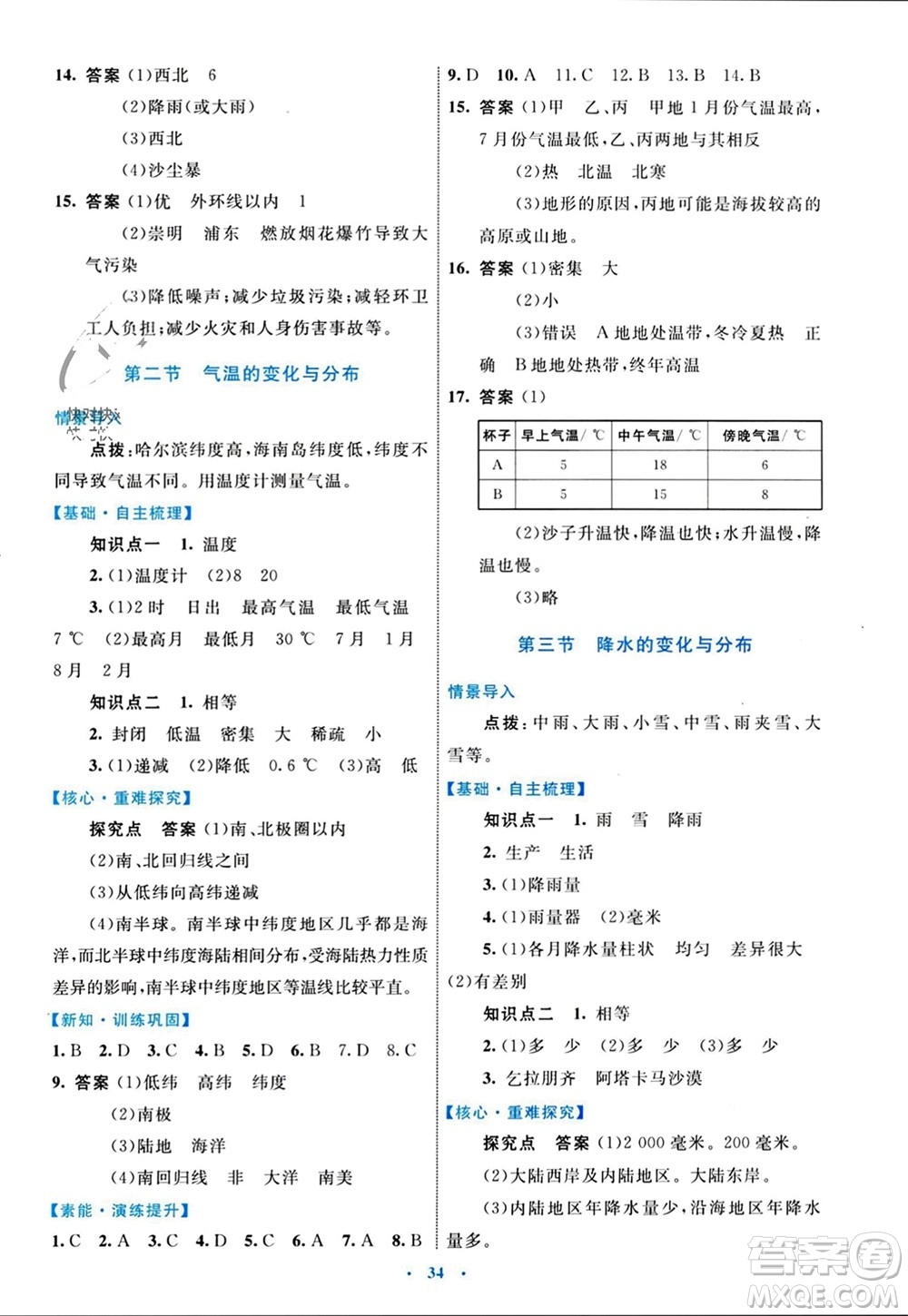 內(nèi)蒙古教育出版社2023年秋初中同步學(xué)習(xí)目標(biāo)與檢測七年級地理上冊人教版參考答案