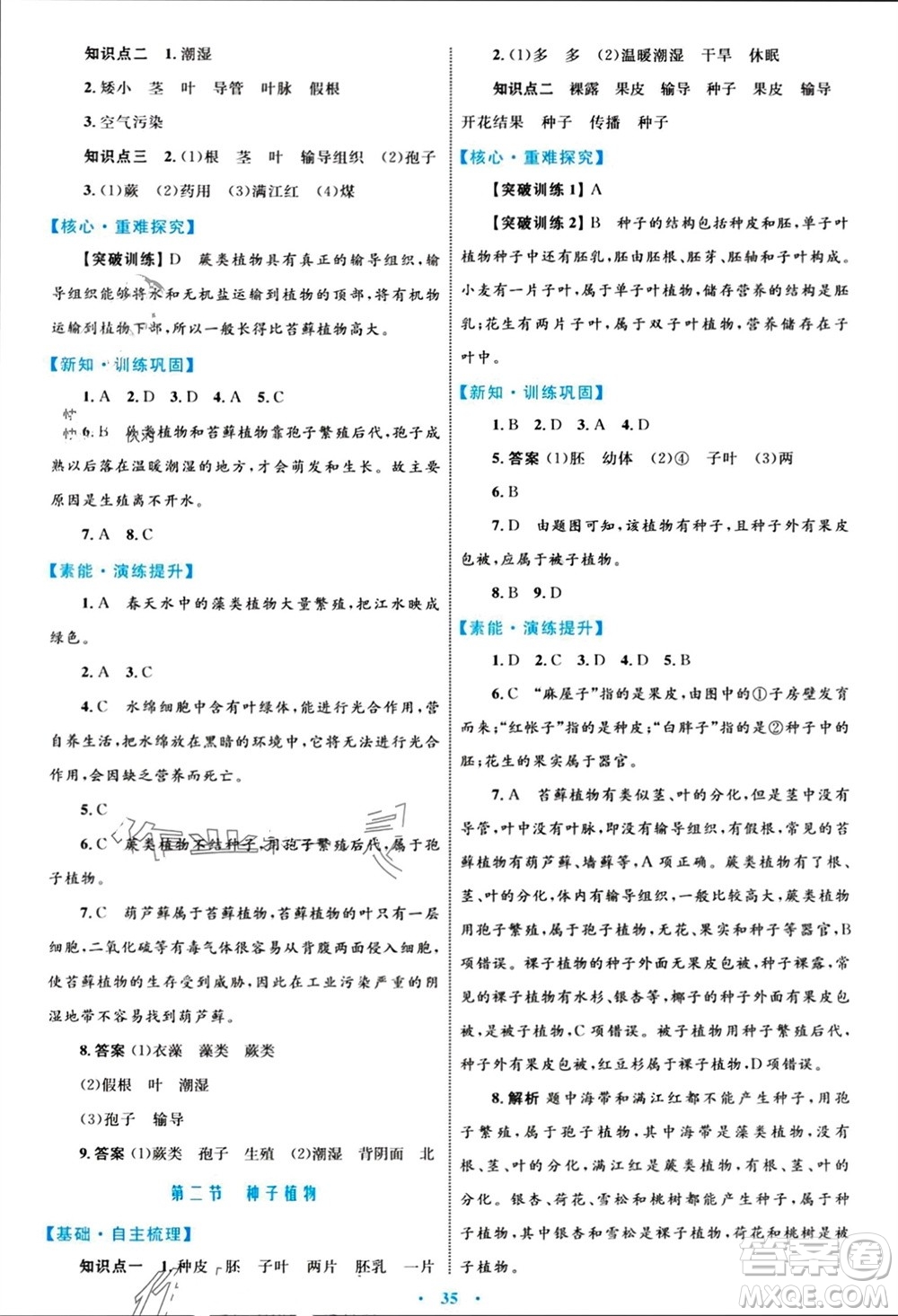 內(nèi)蒙古教育出版社2023年秋初中同步學習目標與檢測七年級生物上冊人教版參考答案