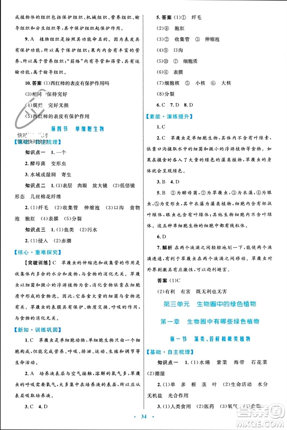 內(nèi)蒙古教育出版社2023年秋初中同步學習目標與檢測七年級生物上冊人教版參考答案