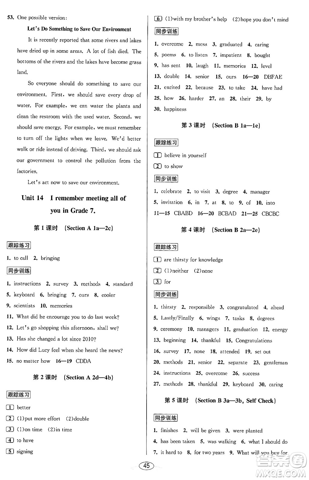 北京教育出版社2023年秋教與學(xué)課程同步講練九年級英語全一冊人教版答案