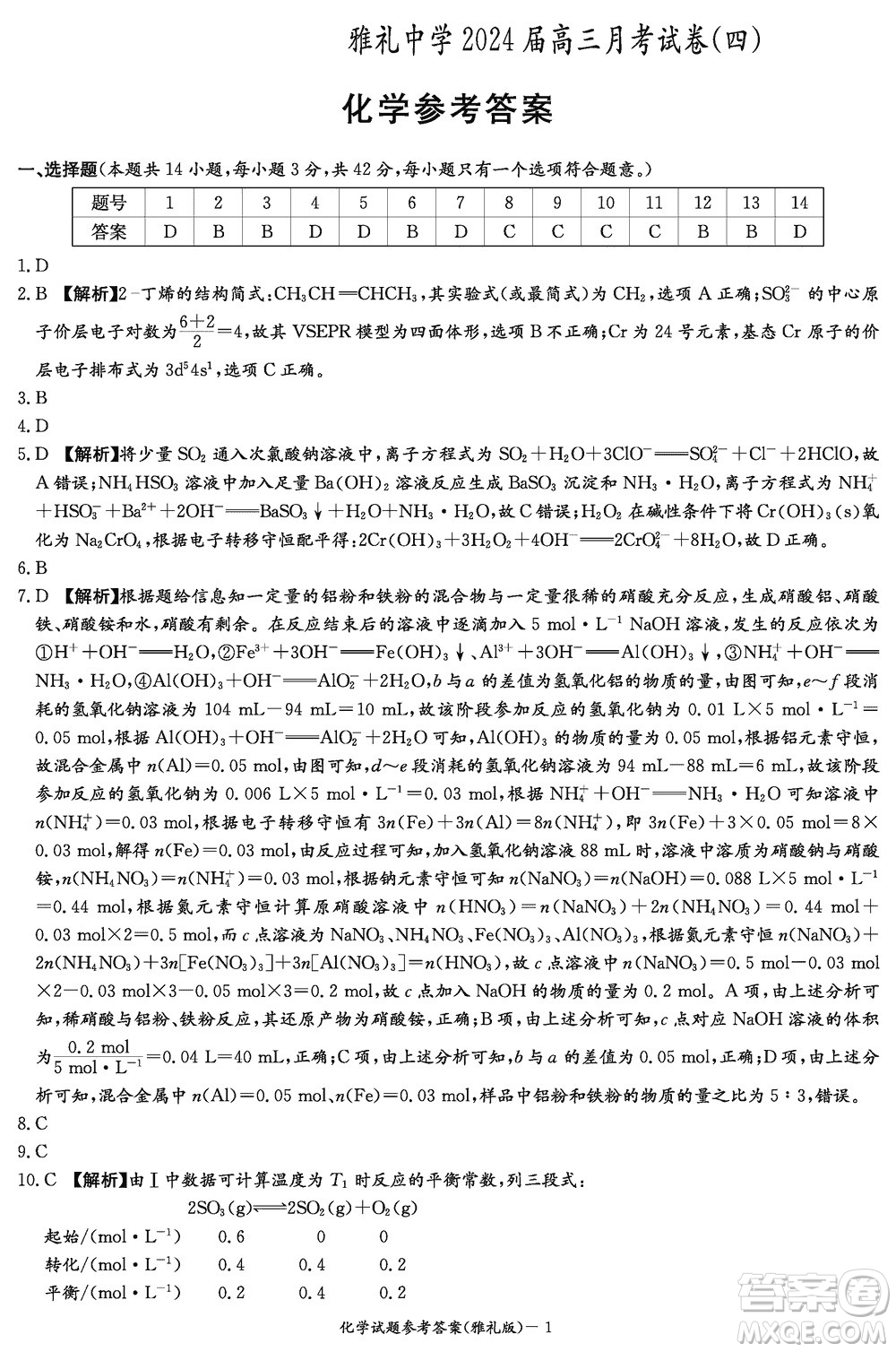 大聯(lián)考雅禮中學2024屆高三上學期12月月考試卷四化學參考答案