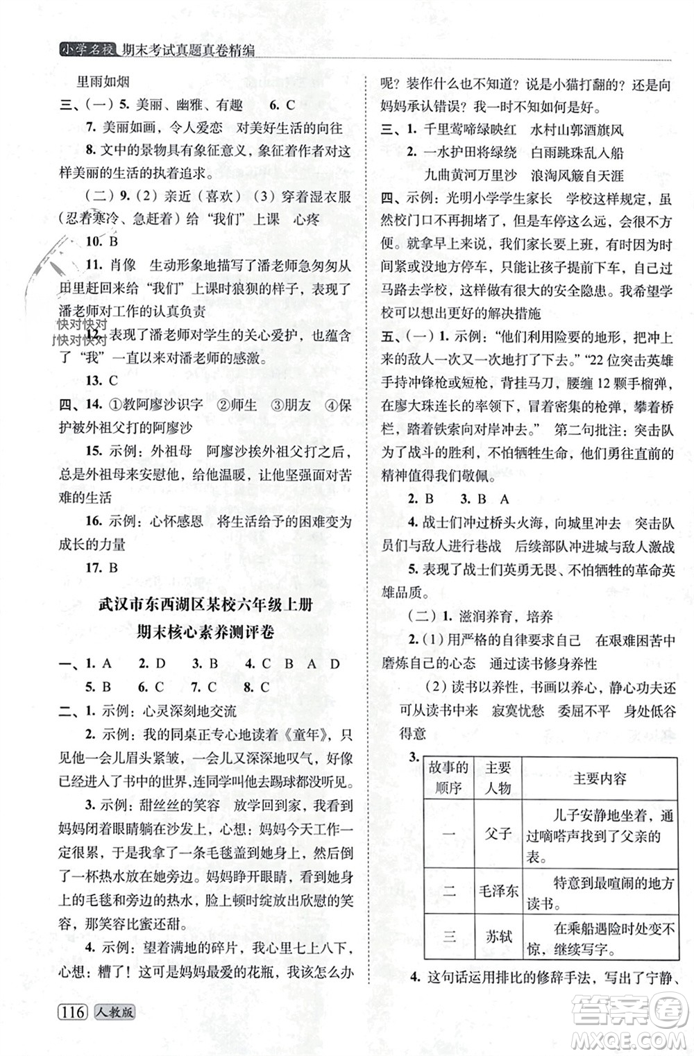 長(zhǎng)春出版社2023年秋68所助學(xué)叢書小學(xué)名校期末考試真題真卷精編六年級(jí)語文上冊(cè)人教版參考答案