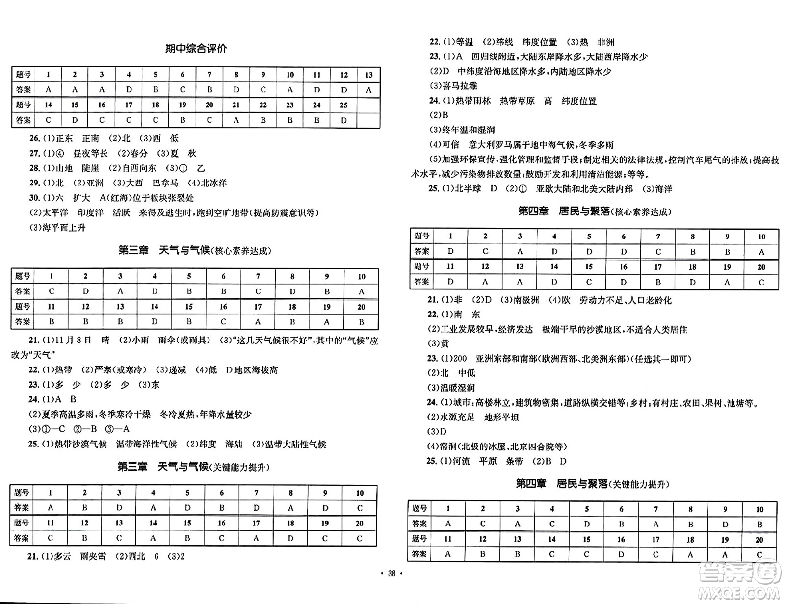 湖南教育出版社2023年秋學科素養(yǎng)與能力提升七年級地理上冊人教版答案