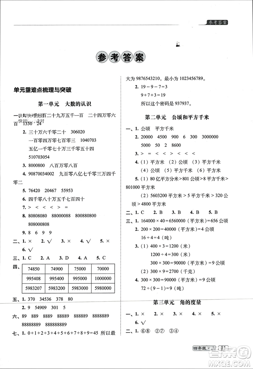 長春出版社2023年秋68所助學叢書小學名校期末考試真題真卷精編四年級數學上冊人教版參考答案