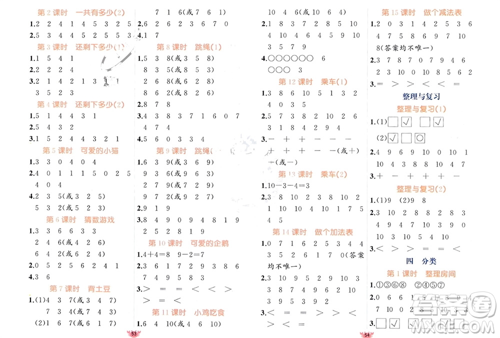 新疆青少年出版社2023年秋原創(chuàng)新課堂一年級(jí)數(shù)學(xué)上冊(cè)北師大版參考答案