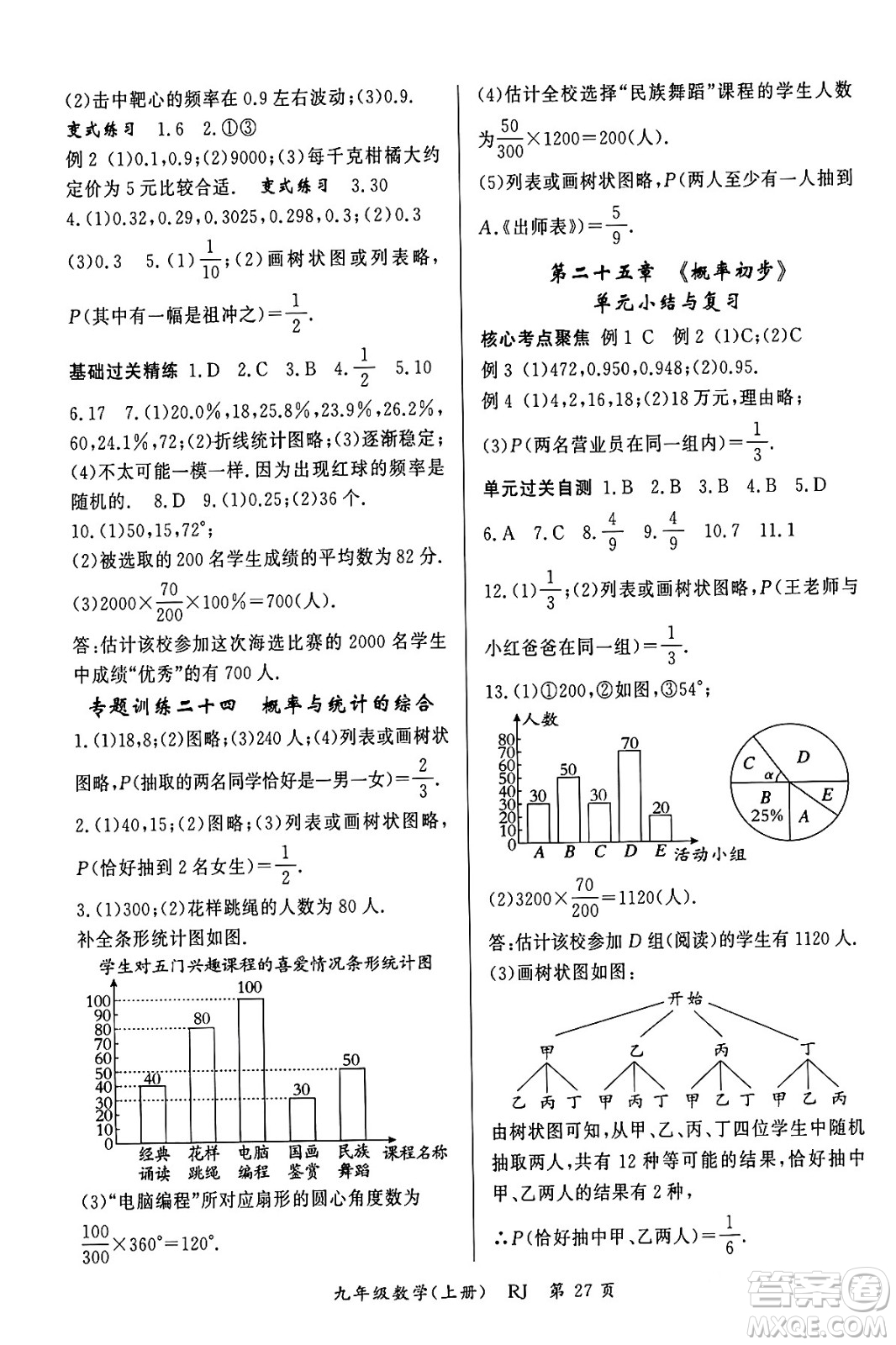 吉林教育出版社2023年秋啟航新課堂九年級數(shù)學(xué)上冊人教版答案