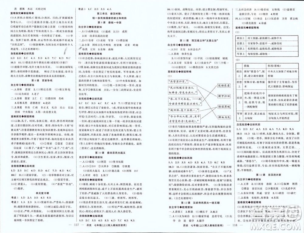 新疆青少年出版社2023年秋原創(chuàng)新課堂七年級歷史上冊人教版參考答案