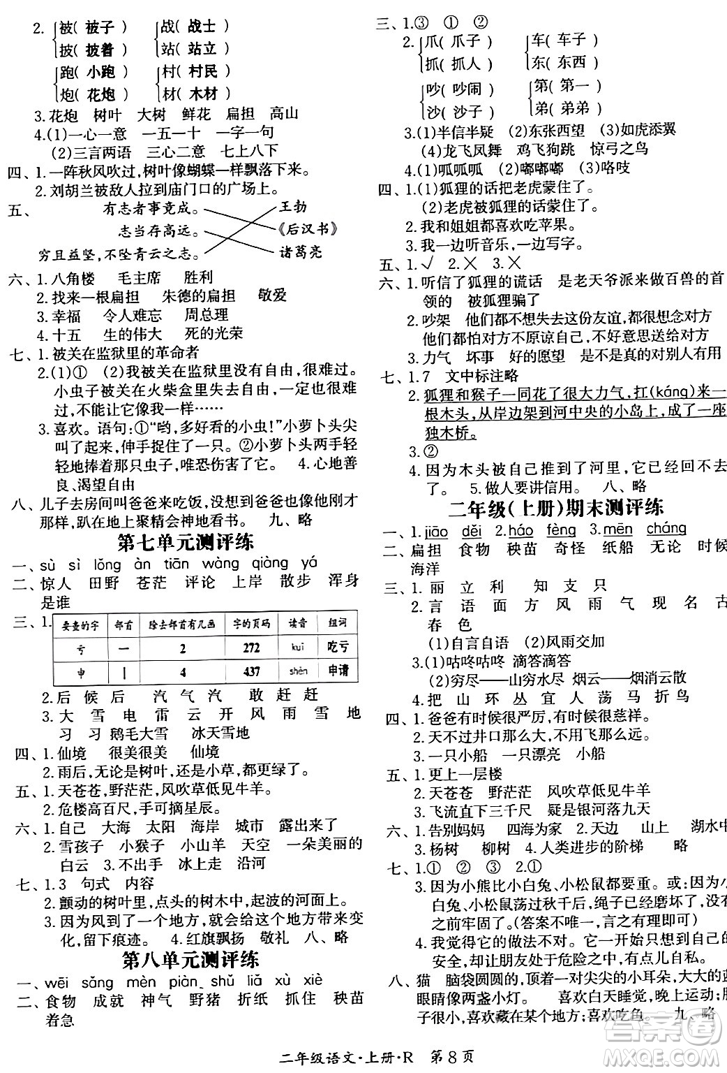 吉林教育出版社2023年秋啟航新課堂二年級語文上冊人教版答案