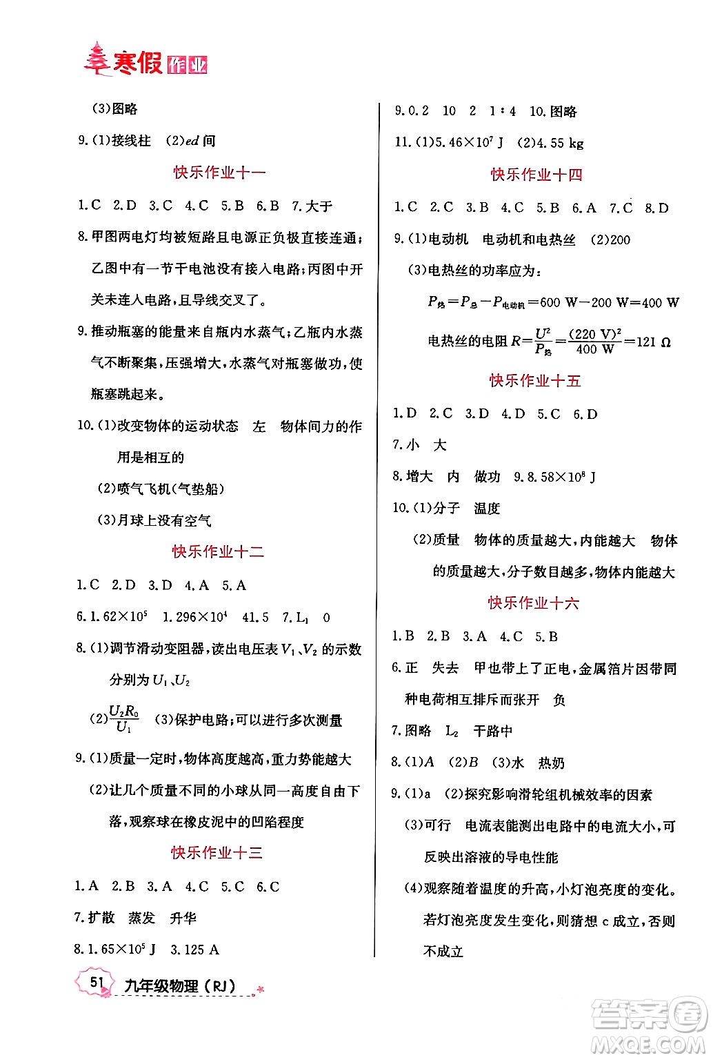 延邊教育出版社2024年寒假作業(yè)九年級物理人教版答案