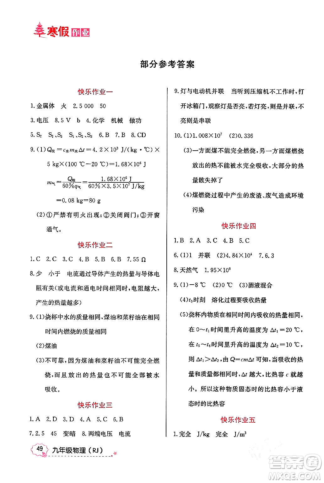 延邊教育出版社2024年寒假作業(yè)九年級物理人教版答案