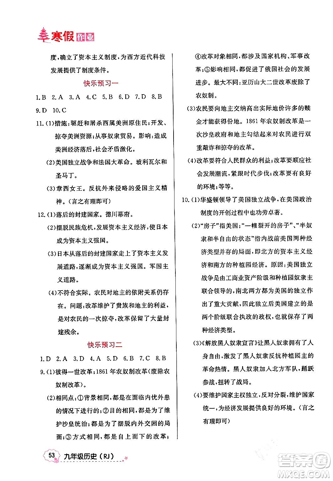 延邊教育出版社2024年寒假作業(yè)九年級(jí)歷史人教版答案