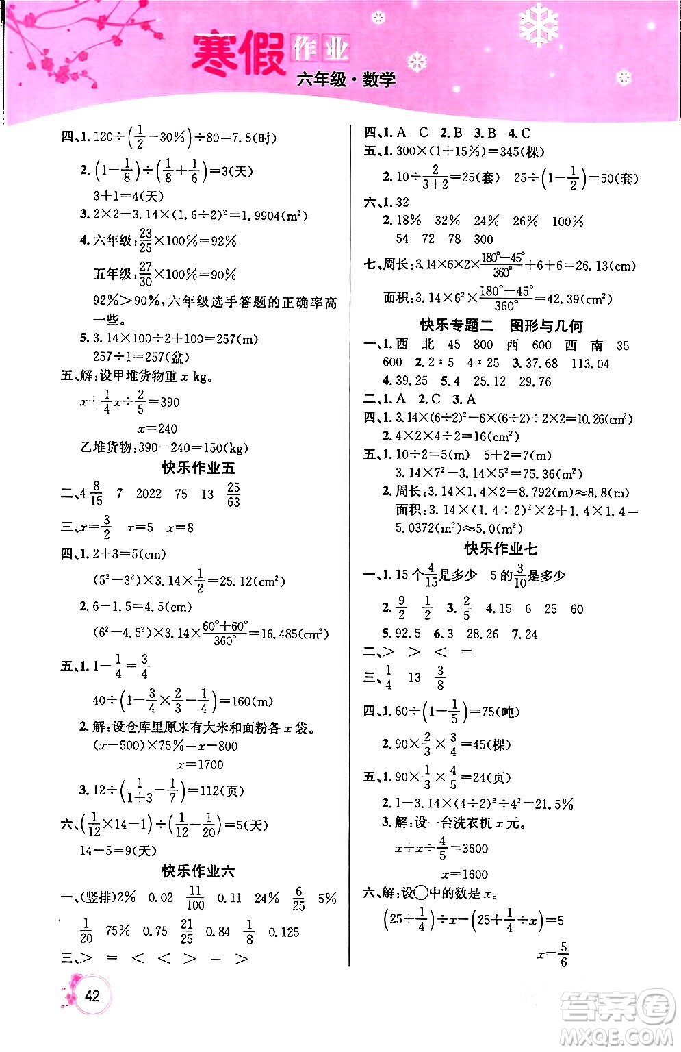 延邊教育出版社2024年快樂(lè)假期寒假作業(yè)六年級(jí)數(shù)學(xué)人教版答案