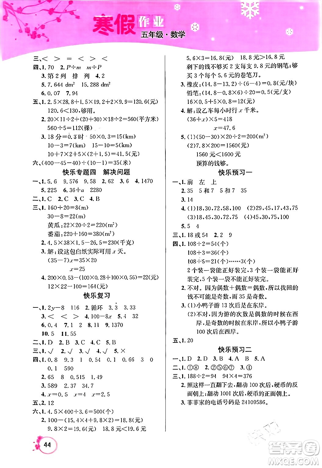 延邊教育出版社2024年快樂假期寒假作業(yè)五年級(jí)數(shù)學(xué)人教版答案